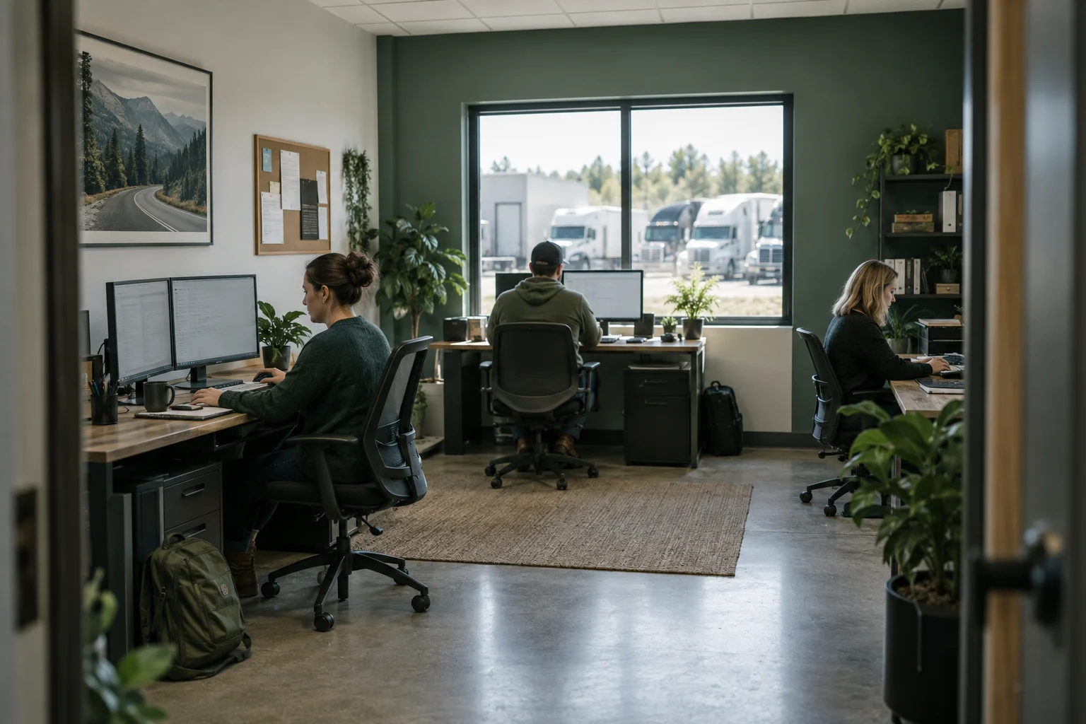 AI-created illustration of a trucking support office with professionals at work