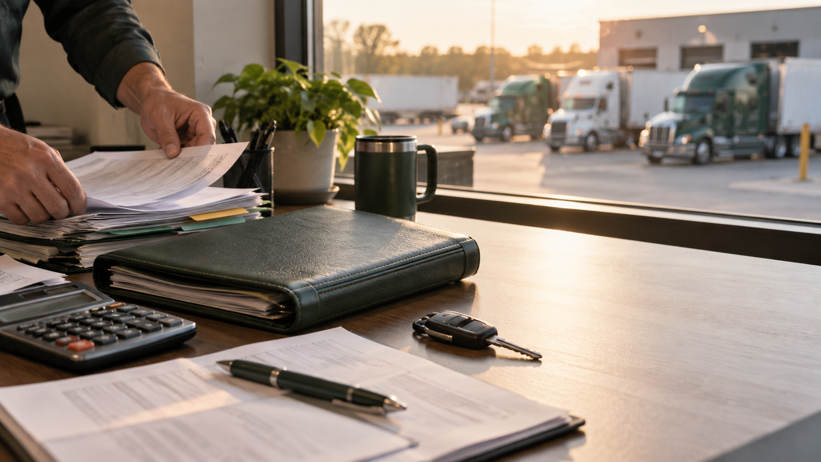 Operational records being organized beside a trucking yard at sunrise