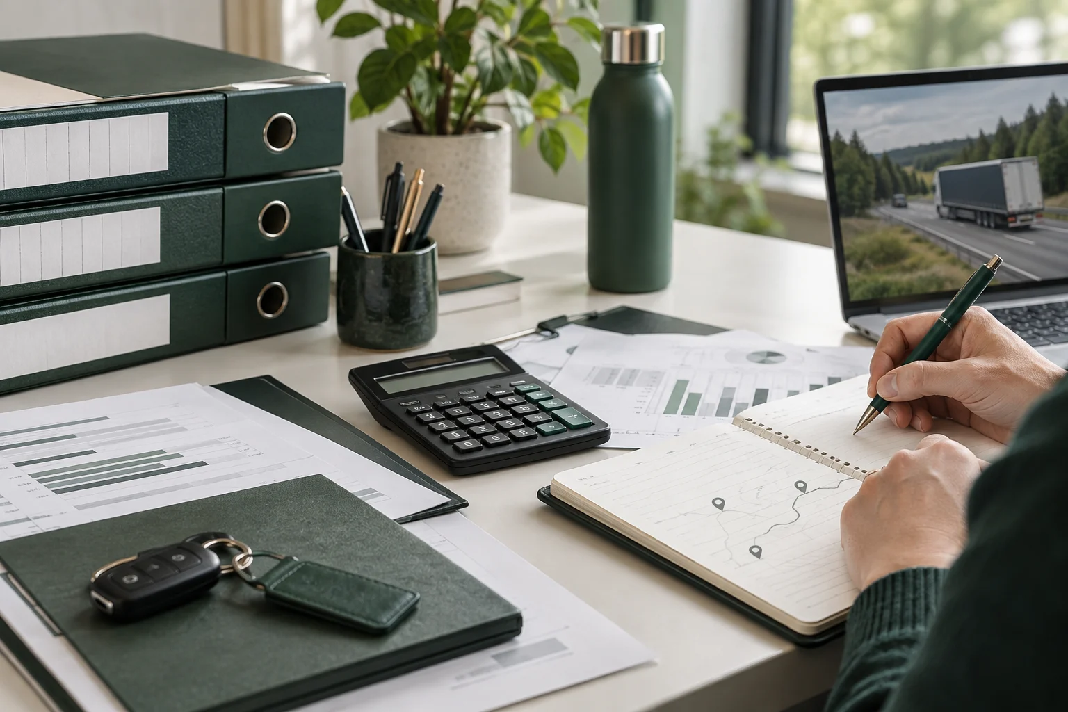 Hands reviewing and organizing carrier documents at a desk