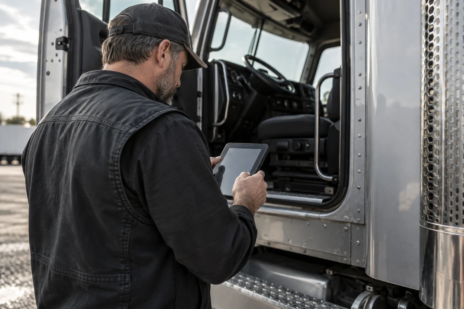 A truck driver reviewing information on a tablet beside a cab