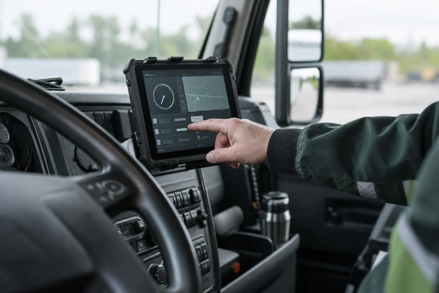 A tablet and electronic logging setup inside a stationary truck cab