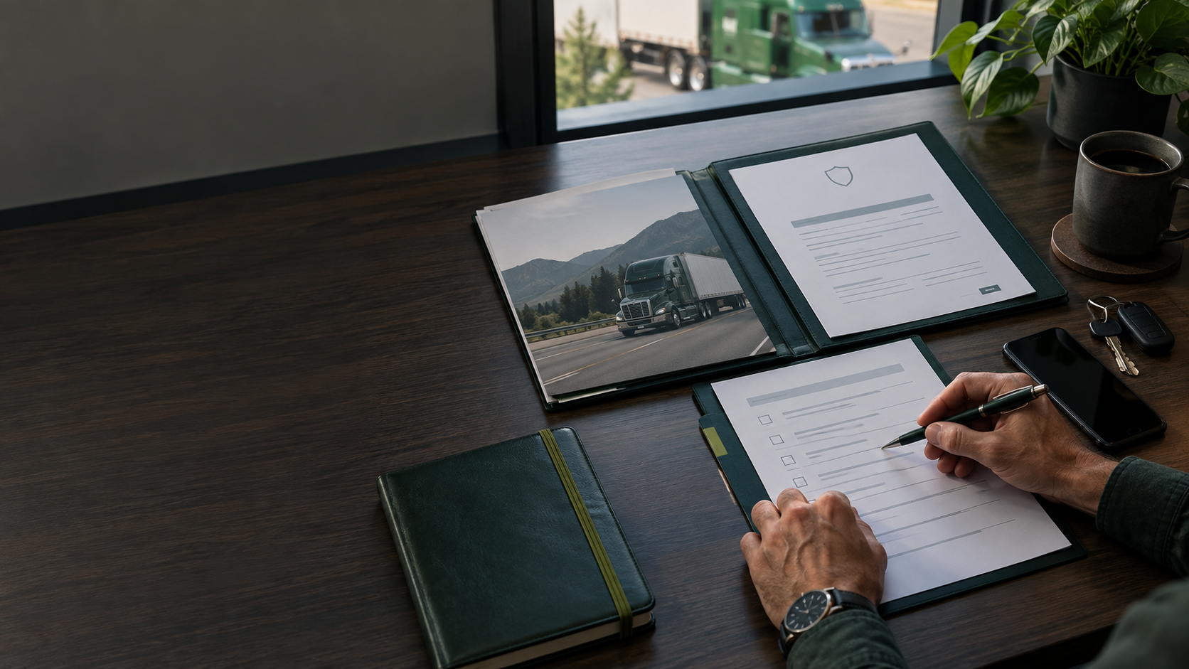 A carrier packet and provider paperwork prepared at a professional trucking office