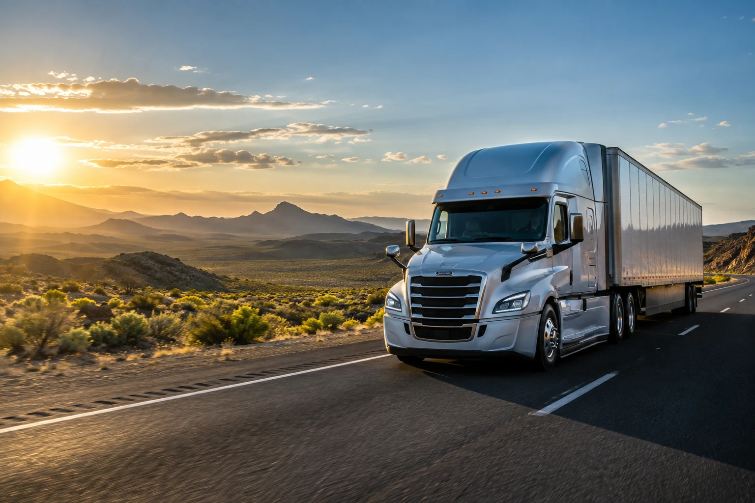 A silver semi-truck on an open highway