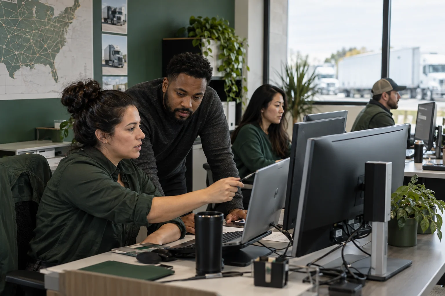 AI-created illustration of dispatch support professionals collaborating in an office